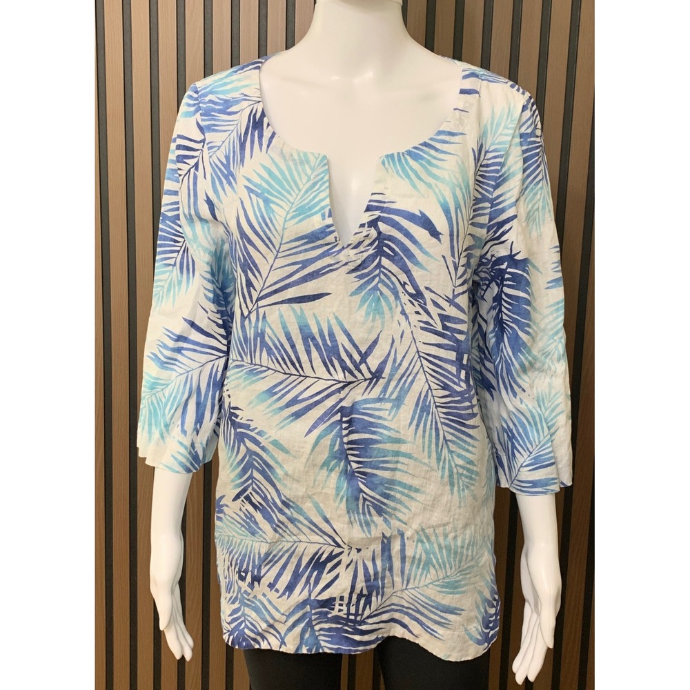 J. Jill Blue White Tropical Palm Print Linen Tunic Top Petite Large PL Split V